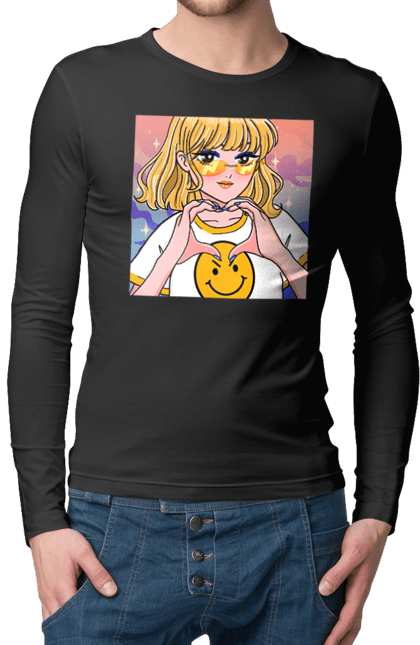 Чоловічий лонгслів з принтом "Жовта Дівчинка". Аніме, дівчинка, смайл. 2070702