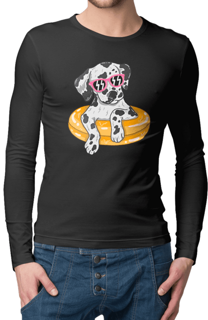 Чоловічий лонгслів з принтом "Далматинець Плаває У Колі". Далматинець, окуляри, плавати, собака. 2070702