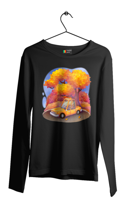 Чоловічий лонгслів з принтом "Осiнь Авто Дерево". Дерево, жовтий мила ілюстрація, машина, осінь, помаранчевий. 2070702