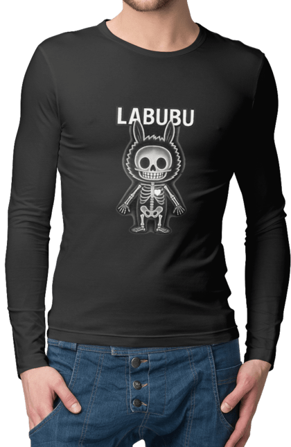 Чоловічий лонгслів з принтом "Лабубу". Анатомія, кістки, лабубу, миложутко, мінімалізм, рентген, серце` що світиться, скелет, череп, чорнобіле. 2070702