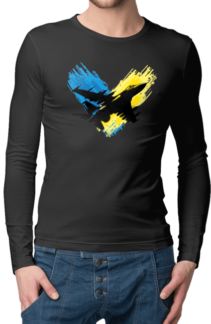 Чоловічий лонгслів з принтом "Літак F 16". З прапором, зсу, літак, літак f16, патріотична, прапор, ф16. 2070702