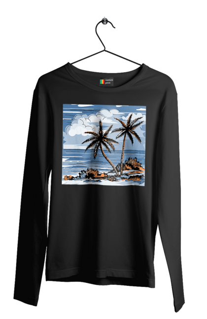Чоловічий лонгслів з принтом "Пальми І Небо". Море, небо, пальми, хмари. 2070702