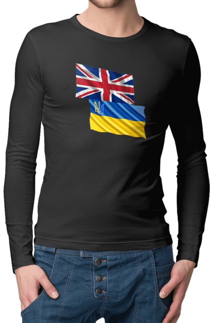 Чоловічий лонгслів з принтом "Прапор Великої Британії, прапор України, Підтримка України". Британія, велика британія, війна, киев, мир, національні кольори, прапор, прапор британії, прапор великої британії. 2070702