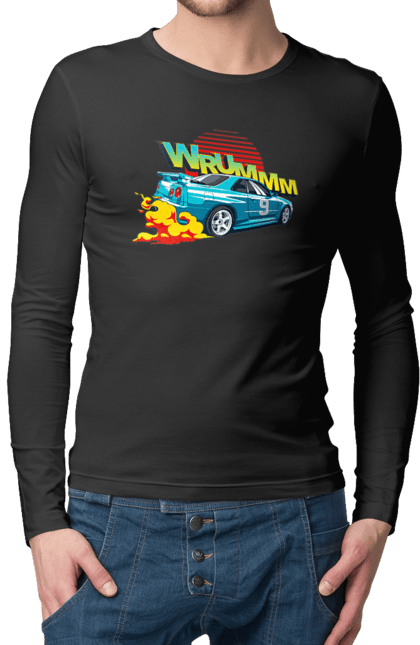 Чоловічий лонгслів з принтом "Авто". Авто, вогонь, вулиці, денги, дрифт, спорт, спортивне авто, швидкість. 2070702