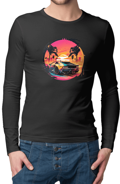 Чоловічий лонгслів з принтом "Ламборджині Ретровейв". Авто, автомобиль, ламба, ламборджині, машина, машини, ретровейв. 2070702