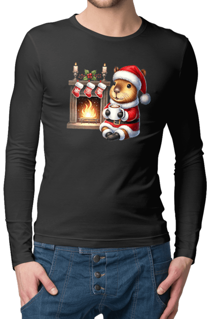 Men's longsleeve with prints Capybara by the fireplace with hot chocolate. Animal, capybara, christmas, christmas capybara, fireplace, gift, holiday, hot chocolate, new year, santa. 2070702