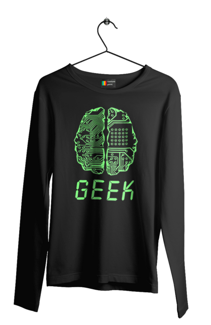 Чоловічий лонгслів з принтом "Гик Мозок Неоновий". Айті, айтішник, гик, друкована плата, зелений, знання, інженер, кібер, кібернетика, кіборг, код, комп, комп’ютерник, кристал, мікросхема, мозок, неон, неоновий, програміст, професіонал, професія, розробник, розум, світиться, світло, чіп. 2070702