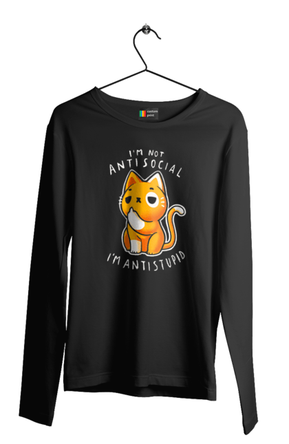 Men's longsleeve with prints I'm not antisocial, I'm antistupid. Antisocial, antistupid, cat, cynicism, hate, humor, irony, joke, meme, sarcasm. 2070702