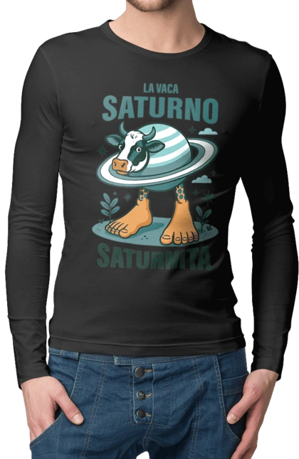 Чоловічий лонгслів з принтом "Lavaca Saturno Saturnita". Брейнрот, італійська гнилизна мозку, італійський брейнрот, італійський мем, італійські меми, корова сатурн, ла вака, ла вака сатурно, лавака сатурно, сатурно сатурніто. 2070702