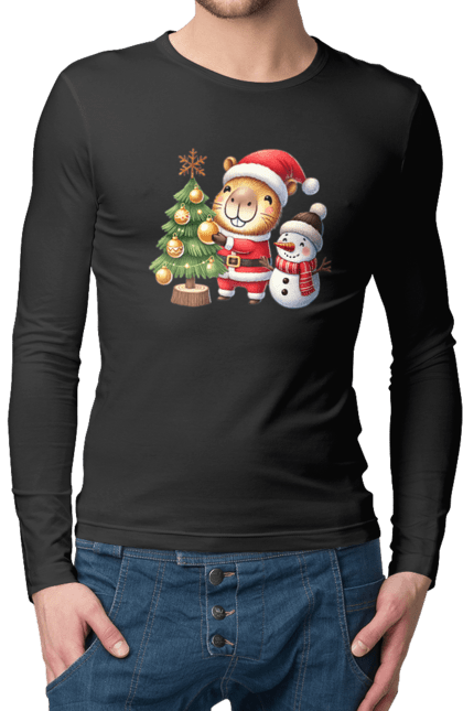 Men's longsleeve with prints Christmas Capybara with a Tree. Animal, capybara, christmas, christmas capybara, christmas tree, gift, holiday, new year, new year`s gift, santa. 2070702