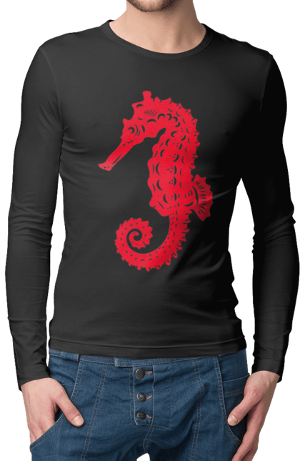 Чоловічий лонгслів з принтом "Морський коник". Відпочинок, квіти, літні канікули, літо, море, морський коник, морські жителі. 2070702