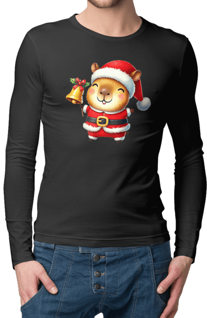 Men's longsleeve with prints Funny capybara with a bell. Animal, bell, capybara, christmas, christmas capybara, gift, holiday, new year, new year`s gift, santa. 2070702