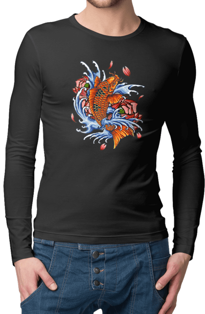 Men`s longsleeve with prints Fish and waves. Fish, flower, wave. 2070702