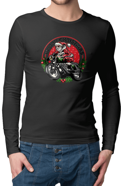 Чоловічий лонгслів з принтом "Щасливого Різдва, дід мороз на мотоциклі". 2022, дід мороз, зима, мотоцикл, новий рік, подарунки, різдво, санта, сніг. 2070702