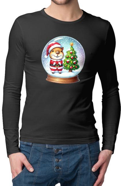 Men's longsleeve with prints Christmas Capybara with a Tree. Animal, capybara, christmas, christmas capybara, christmas tree, gift, holiday, new year, new year`s gift, santa. 2070702