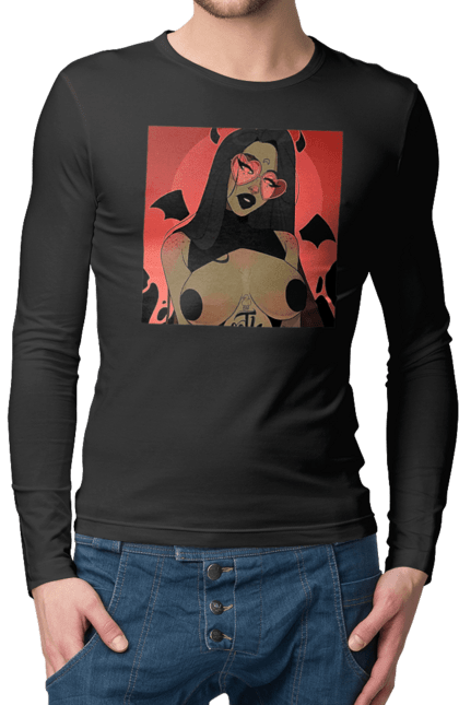 Чоловічий лонгслів з принтом "Диявол З Цицьками". Гола, диявол, сиськи. 2070702