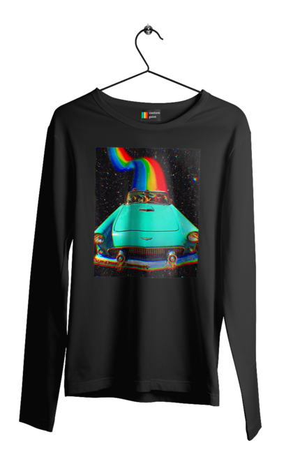 Чоловічий лонгслів з принтом "Картина, машина у космосі". Веселка, картина, космос, машина, подорожі, поїздка, прикол, ретро. 2070702