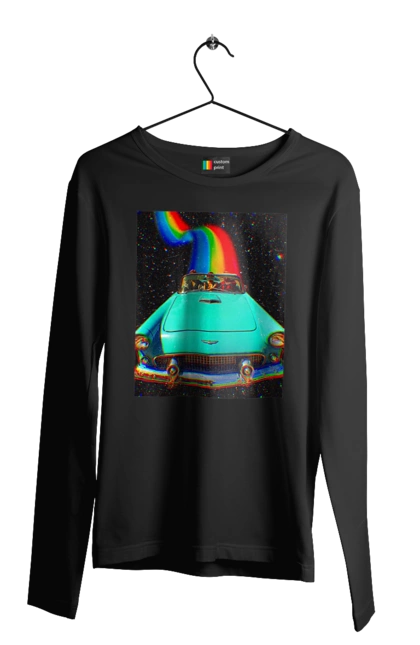 Чоловічий лонгслів з принтом "Картина, машина у космосі". Веселка, картина, космос, машина, подорожі, поїздка, прикол, ретро. 2070702