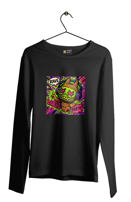 Чоловічий лонгслів з принтом "Лабубу". Вечірка, вуличне мистецтво, графіті, зоряніочі, коміксстиль, лабубу, навушники, неон, попарт, рейв. 2070702