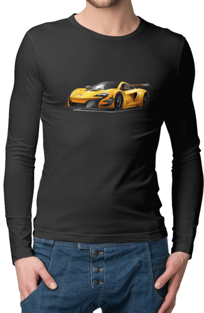 Мужской лонгслив с принтом Спорткар. Автомобиль, желтый автомобиль, желтый спорткар, спорт, спорткар. 2070702
