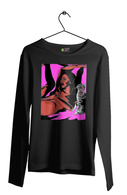 Чоловічий лонгслів з принтом "Дівчина Отримує Задоволення". Гола, задоволення, кішка, пристрасть. 2070702