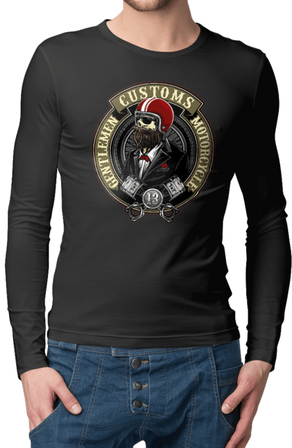 Чоловічий лонгслів з принтом "джентльменський мотоцикл". Джентельмен, джентльмен, мотоцикл, череп, шолом. 2070702