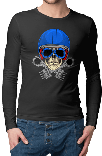 Чоловічий лонгслів з принтом "череп мотолюбитель". Байкер, окуляри, череп, шолом. 2070702