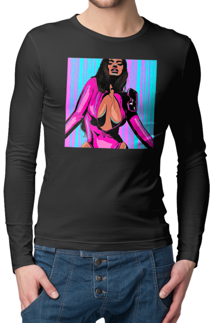 Чоловічий лонгслів з принтом "Дівчина З Глибоким Декольте". Гола, дівчина, сиськи. 2070702