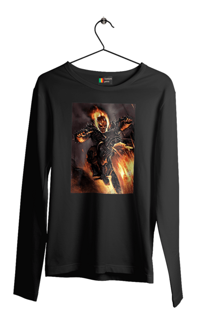 Чоловічий лонгслів з принтом "Пекельний Гонщик". Вогонь, мотоцикл, пекельний гонщик, скелет, чоппер. 2070702
