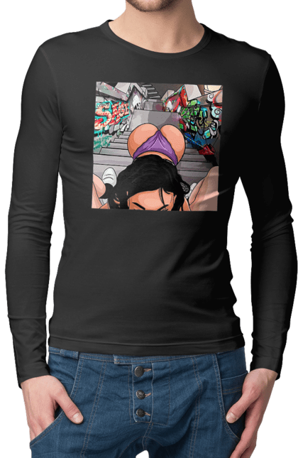 Чоловічий лонгслів з принтом "Дівчина На Колінах Перед Хлопчиною". Гола, жопа, на колінах, смоктати. 2070702