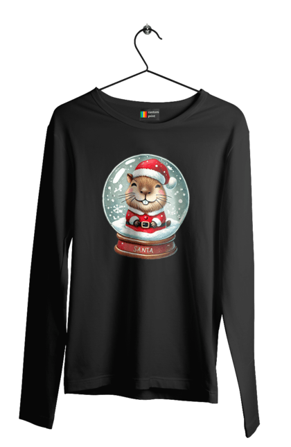 Men's longsleeve with prints Capybara in a snow globe. Animal, capybara, christmas, christmas capybara, gift, holiday, new year, new year`s gift, santa, snow globe. 2070702