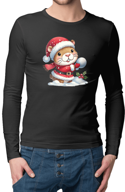 Men's longsleeve with prints Capybara playing snowballs. Animal, capybara, christmas, christmas capybara, game, gift, holiday, new year, santa, snowballs. 2070702