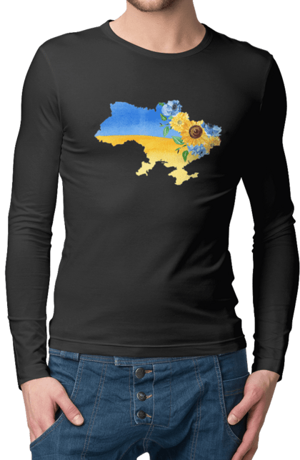 Чоловічій лонгслів з принтом "Квітуча Україна  квіткова синьо жовта карта України". Карта україни, квіти, мапа україни, ми з україни, патріотична, патріотична футболка, прапор україни, україна. PrintMarket - інтернет-магазин одягу та аксесуарів з принтами плюс конструктор принтів - створи свій унікальний дизайн