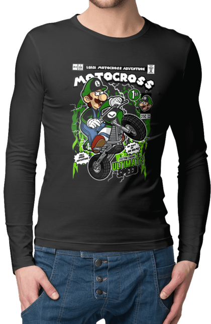 Чоловічій лонгслів з принтом "Luigi Motocross". Nintendo, playstaion, автомобіль, гра, зелений маріо, луїджі, маріо. Funkotee