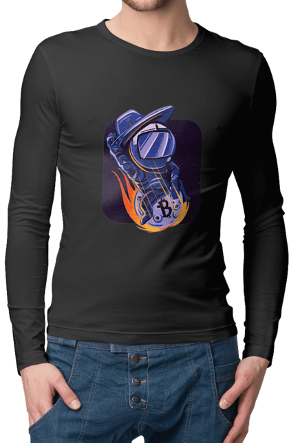 Чоловічий лонгслів з принтом "Космо біткоїн". Биткоин, бінарний, біткоїн, біткойн, валюта, гроші, крипто, програміст, хакер. 2070702