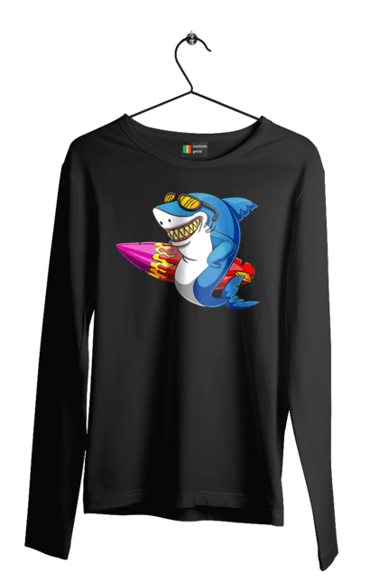 Чоловічий лонгслів з принтом "Акула В Окулярах З Серфінгом". Акула, літо, окуляри, серфінг. 2070702