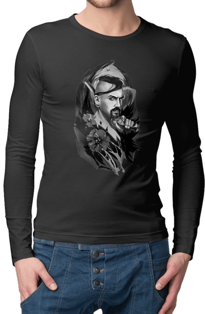 Чоловічий лонгслів з принтом "Козак". Вуса, квітки, козак, пістолет, справжній українець, чуб. 2070702
