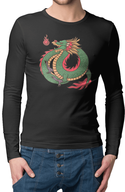 Чоловічій лонгслів з принтом "Дракон". Дракон, зелений дракон, китайський дракон, символ, тварина. 2070702