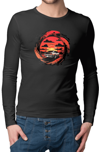 Чоловічий лонгслів з принтом "Феррарі на заході сонця". Авто, автомобіль, машини, феррарі. 2070702
