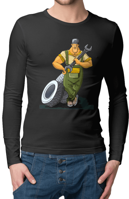 Чоловічий лонгслів з принтом "Автомайстер". Гайковий ключ, колеса, професія. 2070702