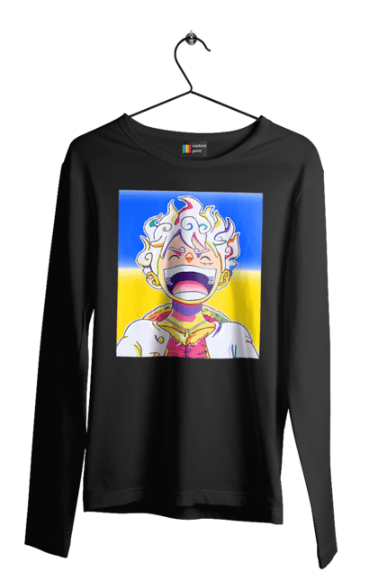 Чоловічий лонгслів з принтом "Монкі д Луффі сміється на жовто блактному фоні". Ван піс, луффі, монкі д. луффі, прапор україни, символ україни, україна. 2070702