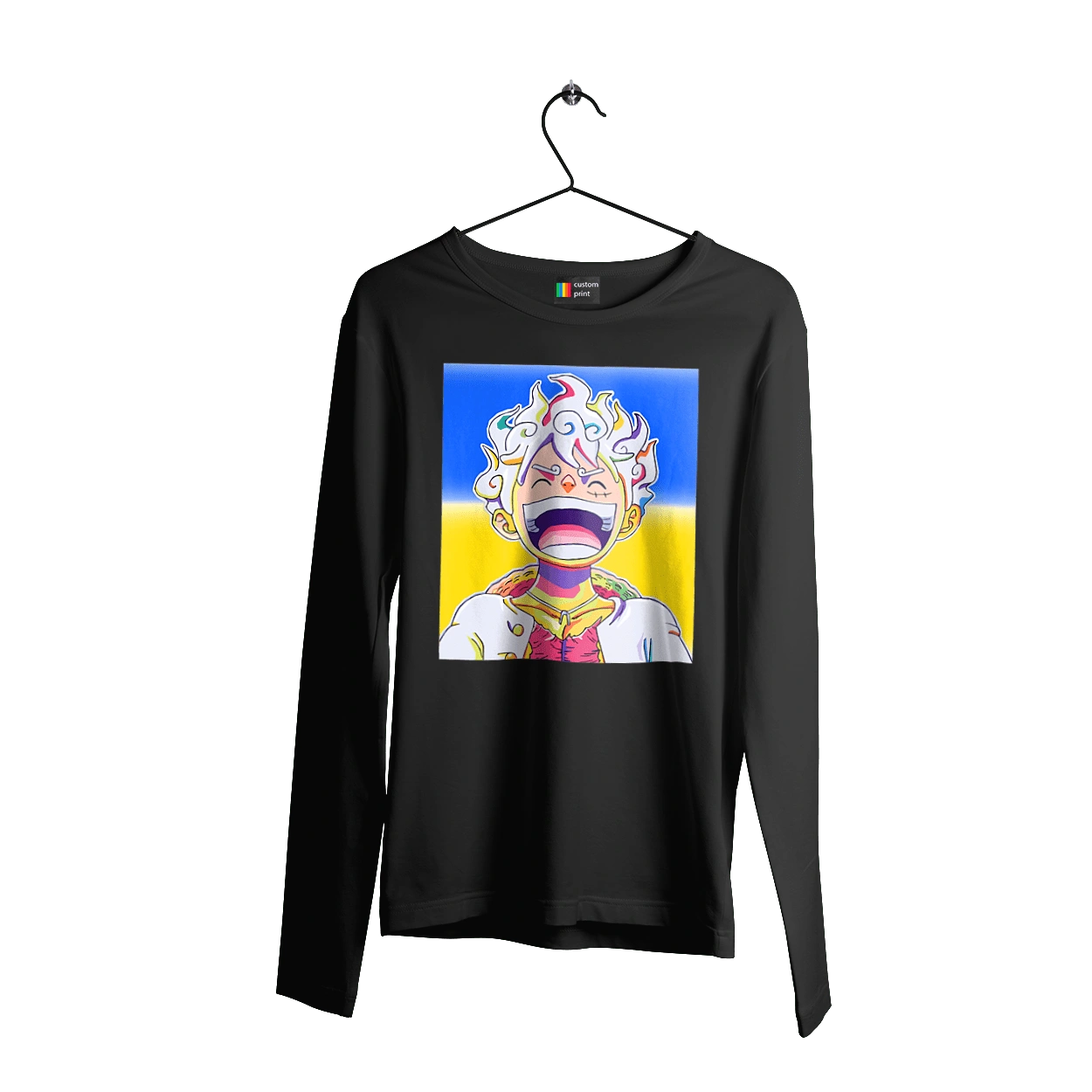 Monkey D Luffy laughing on a yellow blue background