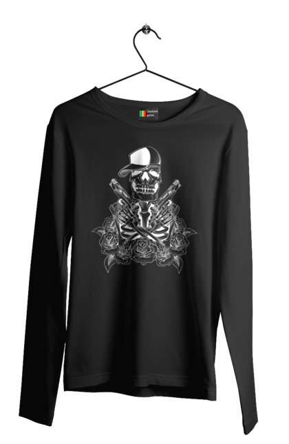 Men's longsleeve with prints Skeleton with pistols. Black and white, bones, cap, gun, roses, scull, skeleton, teeth. 2070702
