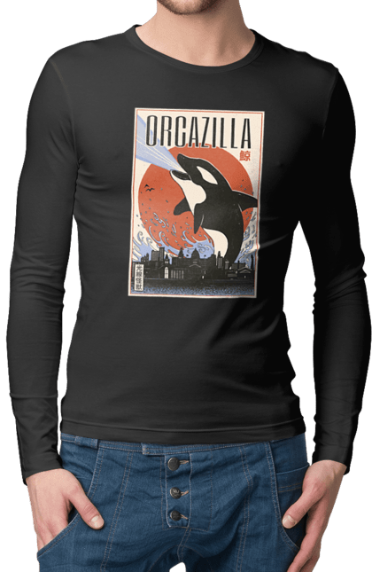 Чоловічій лонгслів з принтом "Косатказілла". Japan print, japanese, japanese art, japanese poster, japanese poster orca, ocean wildlife, orca, orcazilla, косатка, косатказілла. 2070702