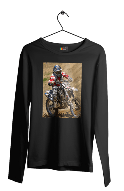 Чоловічий лонгслів з принтом "МОТОГОНЩИК". Мото, мотогонщик, мотоцикл, спорт, спортсмен. 2070702