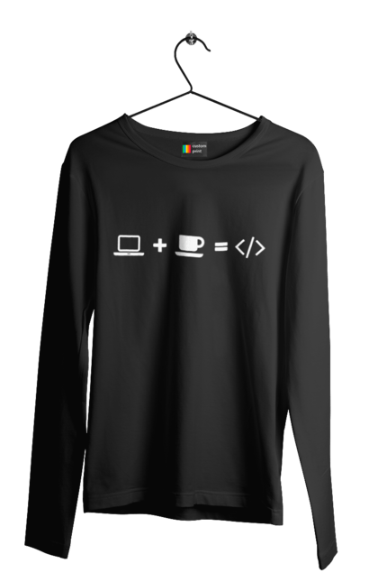 Чоловічий лонгслів з принтом "Комп`ютер плюс кава дорівнює код". Айті, айтішник, для айтішника, для програміста, кава, подарунок айтішнику, подарунок програмісту, програміст, розробник. 2070702