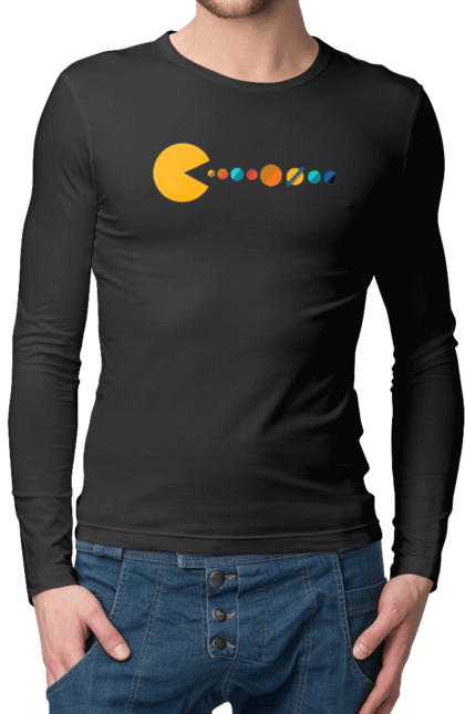 Чоловічий лонгслів з принтом "Pac Man Planets". Atari, namco, pac man, аркадна відеогра, відеогра, комп`ютерна гра, космос, лабіринт, планети, сонячна система. 2070702