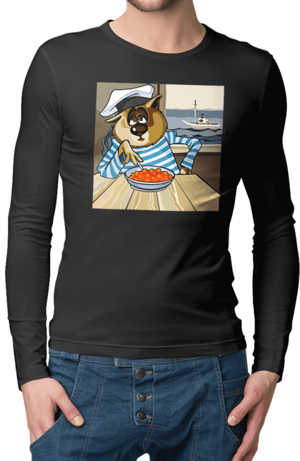 Чоловічий лонгслів з принтом "Кот Моряк, На Кораблі Їсть Червону Ікру". Ікра, кіт, корабель, моряк. 2070702