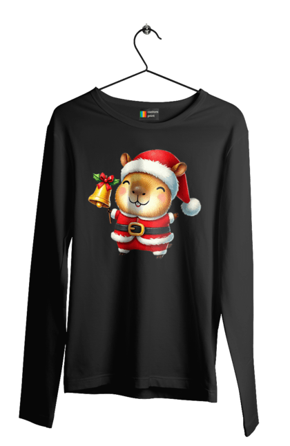 Men's longsleeve with prints Funny capybara with a bell. Animal, bell, capybara, christmas, christmas capybara, gift, holiday, new year, new year`s gift, santa. 2070702