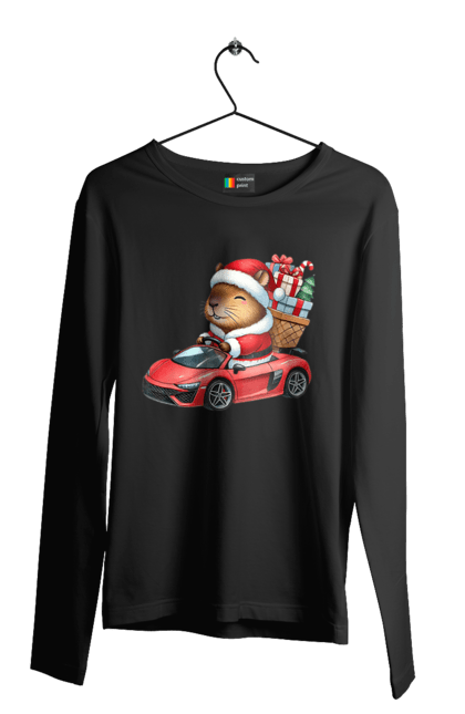 Men's longsleeve with prints Christmas Capybara with a Gift. Animal, capybara, car, christmas, christmas capybara, gift, holiday, new year, new year`s gift, santa. 2070702